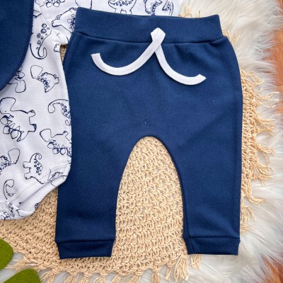 Conj. Body Manga Longa, Calça e Babador Bandana Dino - Azul Marinho e Branco